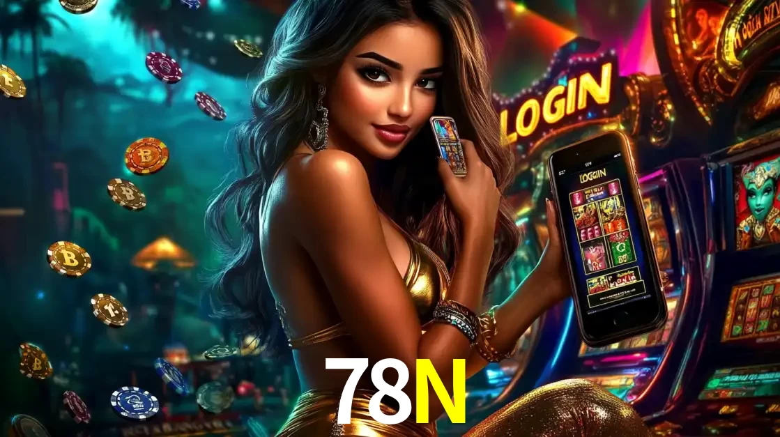 Mulher em um cenário de cassino temático de aventura, mostrando o app de caça-níqueis da 78N no celular. Fichas de apostas flutuam ao redor.