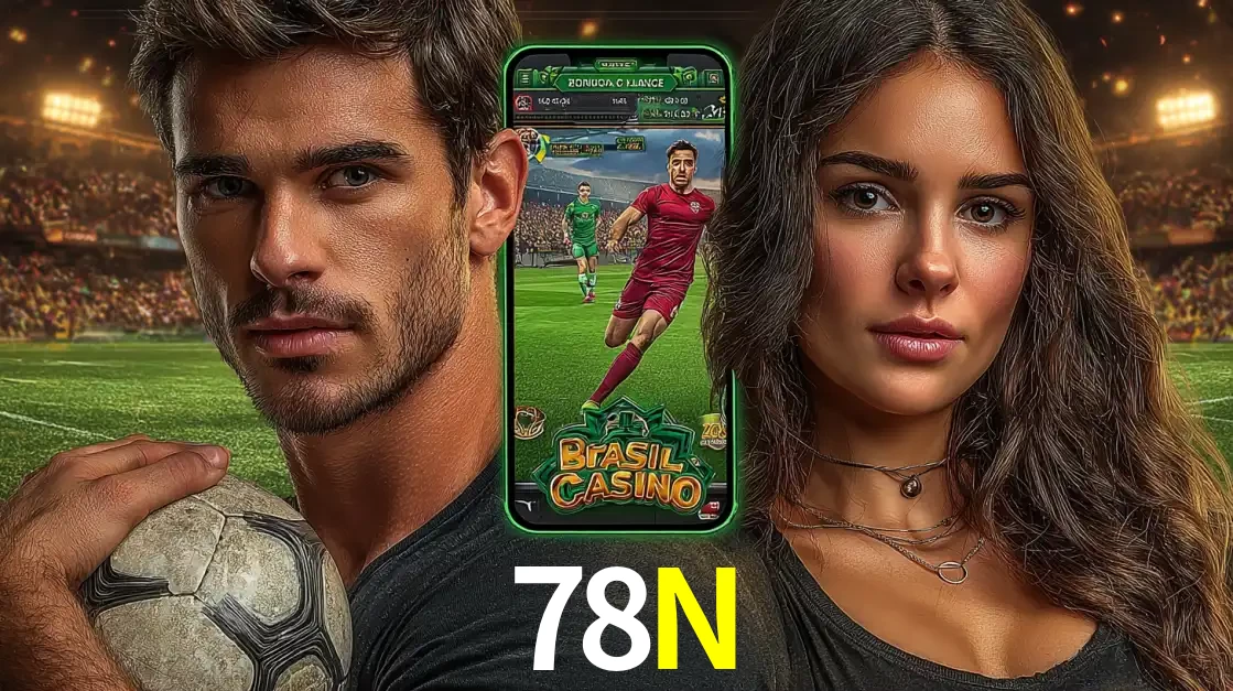Homem segurando uma bola de futebol e uma mulher ao lado de um smartphone exibindo o jogo de apostas esportivas da 78N. Faça seu palpite no cassino online.