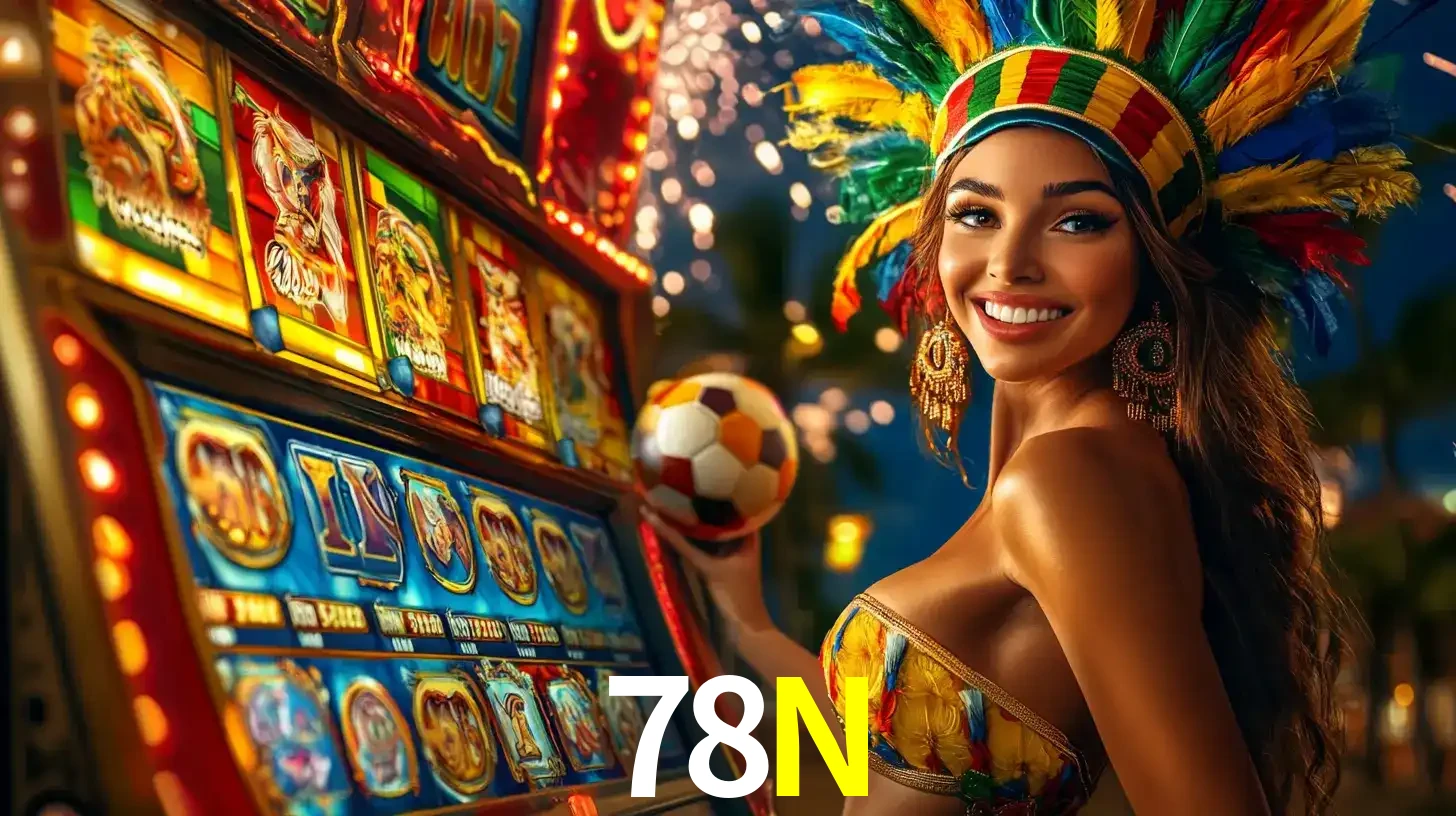 Mulher com um cocar de carnaval ao lado de uma máquina de caça-níqueis enquanto segura uma bola de futebol, mostrando a união da diversão de cassino e esportes no 78N.