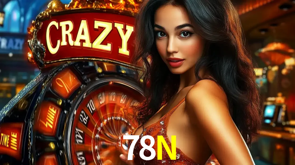 Mulher glamourosa olhando para a câmera com a roda vermelha do Crazy Time ao fundo em um ambiente de cassino, destacando a emoção dos jogos ao vivo no 78N.