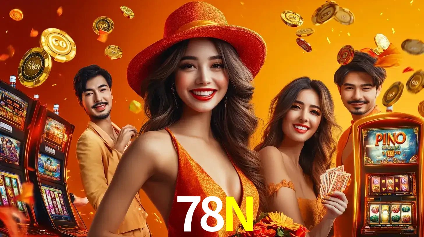 Grupo de amigos asiáticos sorrindo e se divertindo com máquinas de caça-níqueis em um ambiente festivo, celebrando suas vitórias nos jogos de cassino do 78N.