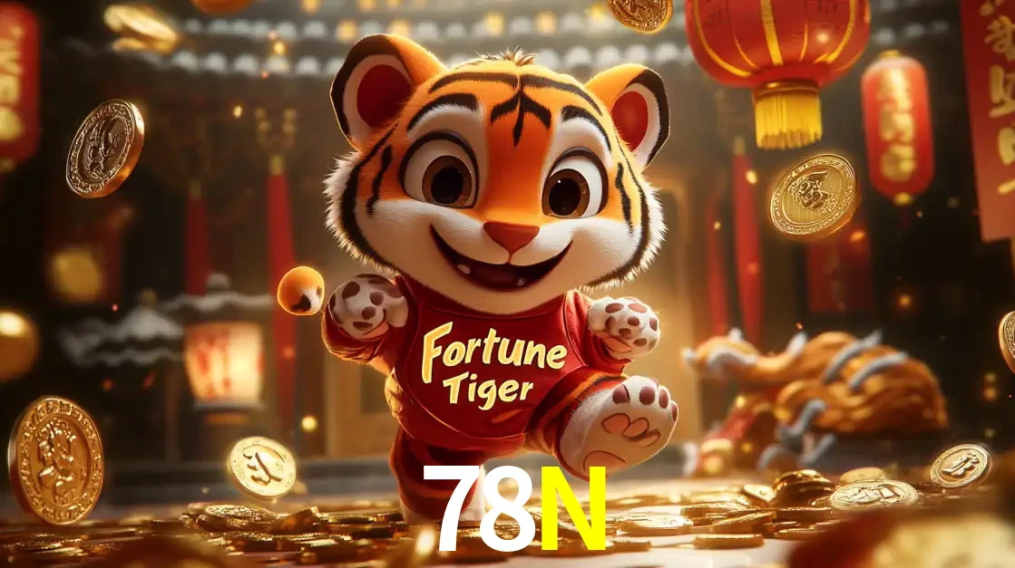 O alegre personagem do Fortune Tiger correndo sobre um caminho de moedas de ouro, simbolizando os grandes prêmios e a diversão do popular jogo de slot do 78N.