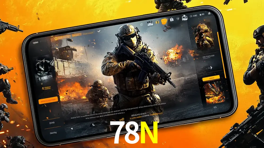 Um smartphone exibindo a interface de um jogo de tiro em primeira pessoa, com um soldado em um cenário de batalha, representando a ação dos e-sports para apostar no 78N.