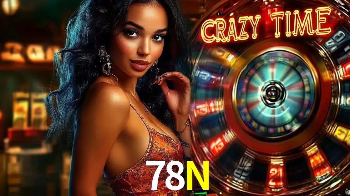 Mulher elegante ao lado da vibrante roda da fortuna do jogo de cassino ao vivo Crazy Time, um dos game shows mais populares e cheios de prêmios do 78N.