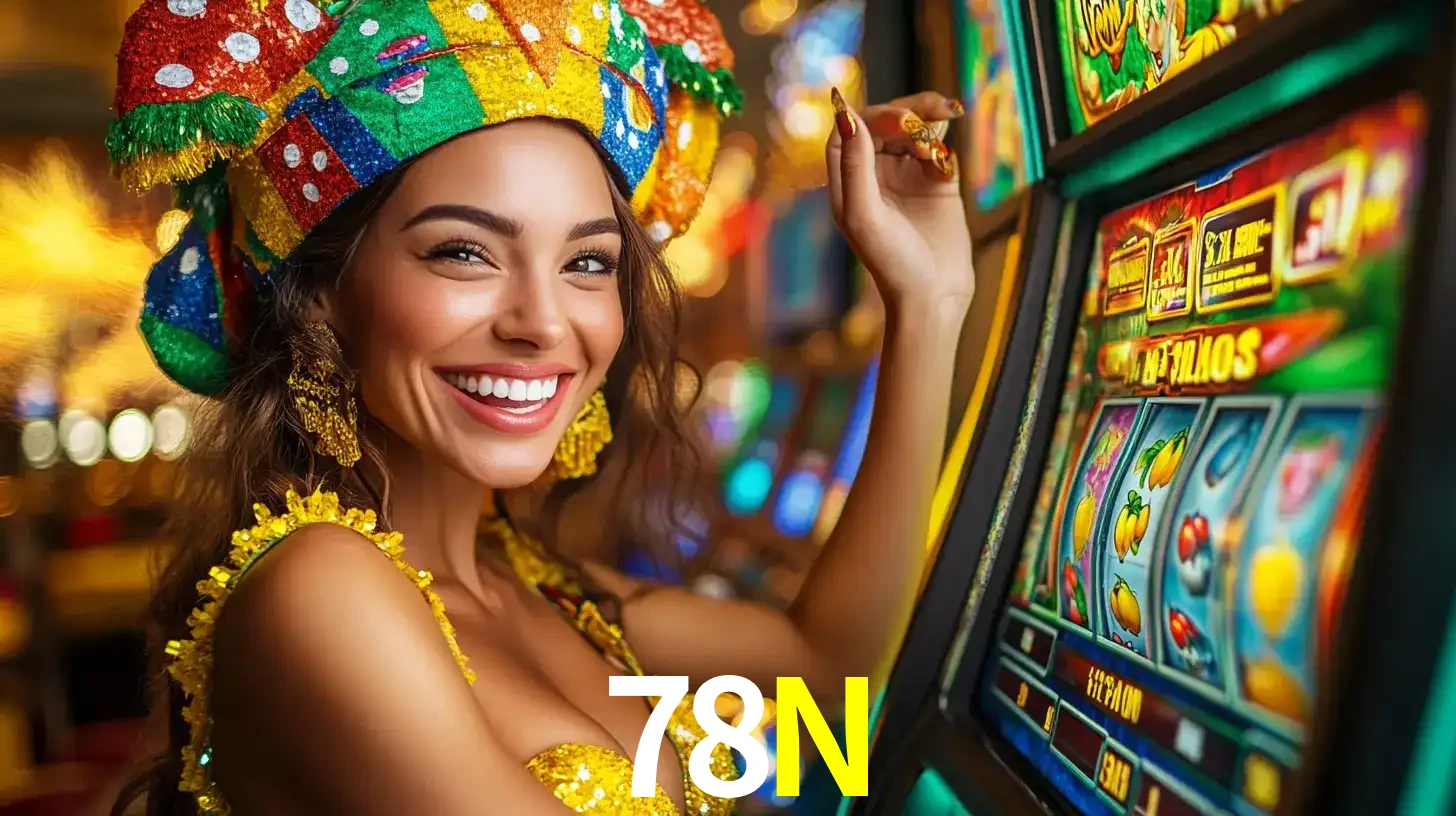 Mulher feliz com traje de carnaval amarelo e colorido ao lado de uma máquina de caça-níqueis, aproveitando a diversão e os jogos temáticos do cassino 78N.